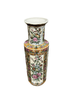 Le village de 58 brocanteurs - Vase Chinois forme rouleau, Style Famille Rose, en porcelaine Peint main