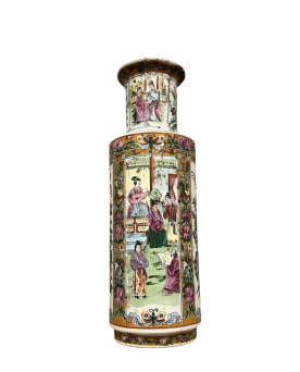 Le village de 58 brocanteurs - Vase Chinois forme rouleau, Style Famille Rose, en porcelaine Peint main