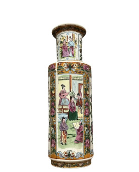 Le village de 58 brocanteurs - Vase Chinois forme rouleau, Style Famille Rose, en porcelaine Peint main