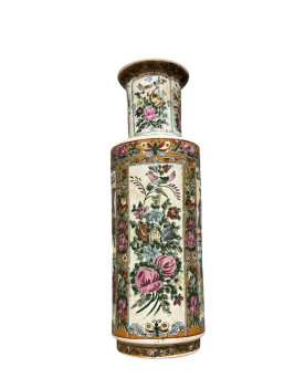 Le village de 58 brocanteurs - Vase Chinois forme rouleau, Style Famille Rose, en porcelaine Peint main