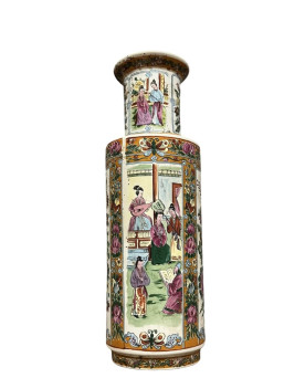 Le village de 58 brocanteurs - Vase Chinois forme rouleau, Style Famille Rose, en porcelaine Peint main