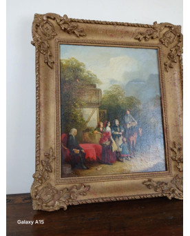 Le village de 58 brocanteurs - Huile Sur Panneau Figurant Une Scène Bourgeoise Animée