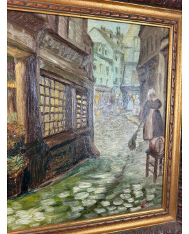 Le village de 58 brocanteurs - école Française Début XXeme : Huile Sur Panneau Rue Animé En Bretagne