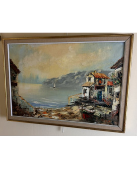 Le village de 58 brocanteurs - Grande Huile sur toile : vue d’une baie animée en bord de Méditerranée