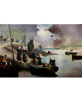 Le village de 58 brocanteurs - école Bretonne Début XXeme Siècle : Grande Huile Sur Toile / Vue De Port Animée