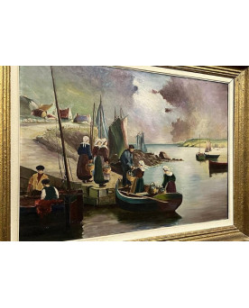 Le village de 58 brocanteurs - école Bretonne Début XXeme Siècle : Grande Huile Sur Toile / Vue De Port Animée