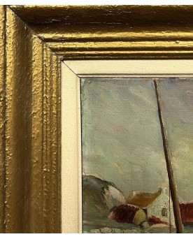 Le village de 58 brocanteurs - école Bretonne Début XXeme Siècle : Grande Huile Sur Toile / Vue De Port Animée
