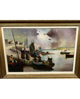 Le village de 58 brocanteurs - école Bretonne Début XXeme Siècle : Grande Huile Sur Toile / Vue De Port Animée