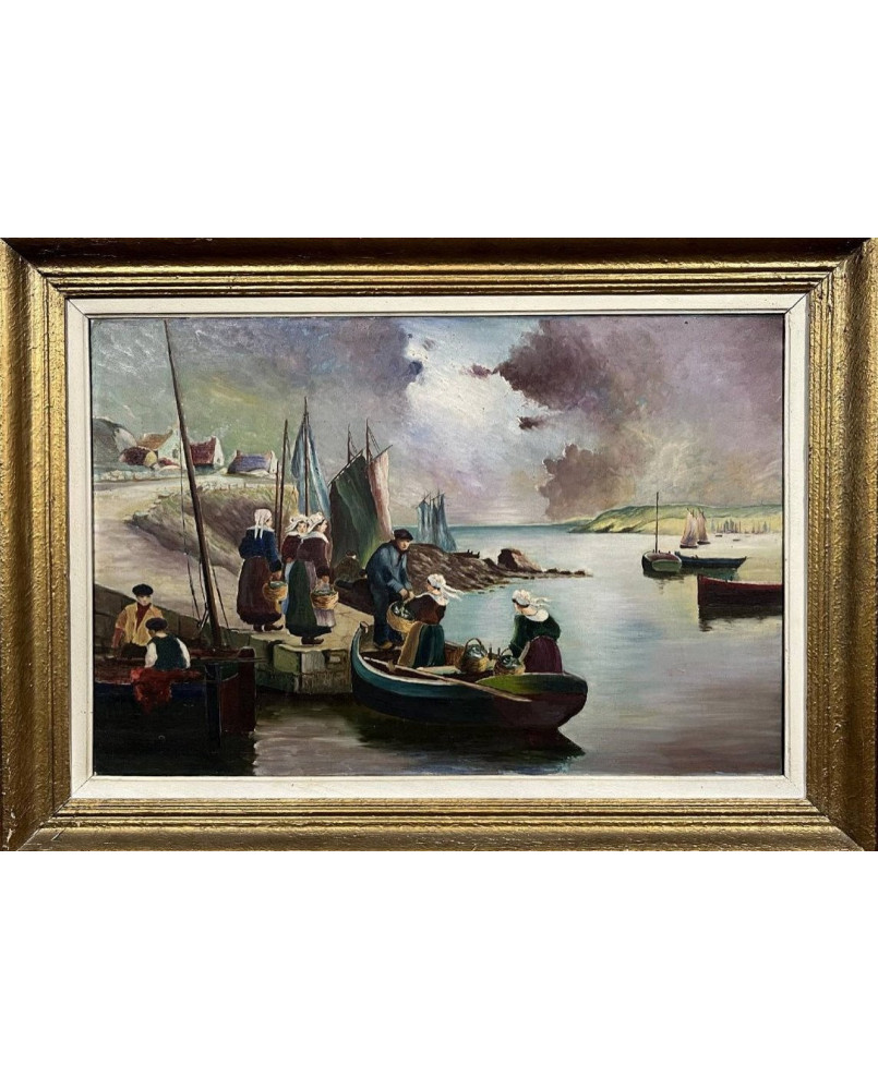 Le village de 58 brocanteurs - école Bretonne Début XXeme Siècle : Grande Huile Sur Toile / Vue De Port Animée
