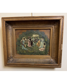 Le village de 58 brocanteurs - Peinture Romantique Huile Sur Panneau époque XIXème
