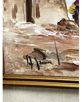 Le village de 58 brocanteurs - école Italienne XXeme : Huile Sur Toile Signée En Bas A Gauche