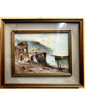 Le village de 58 brocanteurs - école Italienne XXeme : Huile Sur Toile Signée En Bas A Gauche