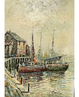 Le village de 58 brocanteurs - Grand Tableau Huile Sur Toile Encadrée Et Signée époque Seconde Moitié XXeme