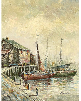 Le village de 58 brocanteurs - Grand Tableau Huile Sur Toile Encadrée Et Signée époque Seconde Moitié XXeme