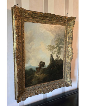 Le village de 58 brocanteurs - Ecole Italienne du XIXeme : tableau huile sur toile "la Diligence"