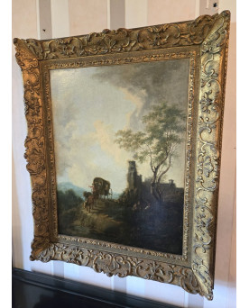Le village de 58 brocanteurs - Ecole Italienne du XIXeme : tableau huile sur toile "la Diligence"