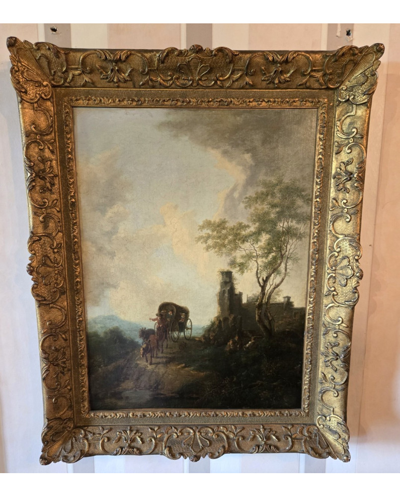 Le village de 58 brocanteurs - Ecole Italienne du XIXeme : tableau huile sur toile "la Diligence"