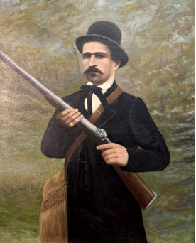 Le village de 58 brocanteurs - Ecole Anglaise fin XIXeme : grande huile sur toile "le chasseur"