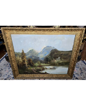Le village de 58 brocanteurs - Emile Godchaux 1880 : trés grande huile sur toile paysage lacustre