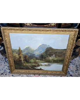 Le village de 58 brocanteurs - Emile Godchaux 1880 : trés grande huile sur toile paysage lacustre