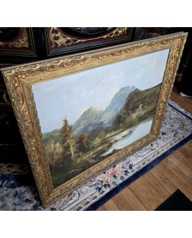 Le village de 58 brocanteurs - Emile Godchaux 1880 : trés grande huile sur toile paysage lacustre