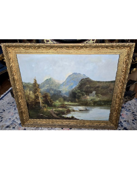 Le village de 58 brocanteurs - Emile Godchaux 1880 : trés grande huile sur toile paysage lacustre