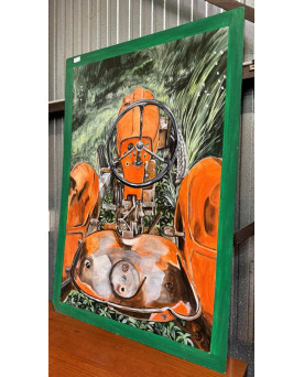Le village de 58 brocanteurs - Immense tableau huile sur panneau Vintage / curiosité