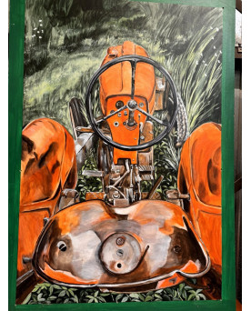 Le village de 58 brocanteurs - Immense tableau huile sur panneau Vintage / curiosité