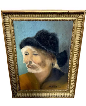 Le village de 58 brocanteurs - Maurice Terrot: tableau huile sur toile portrait d’un chinois au chapeau noir