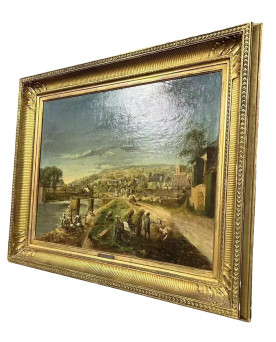 Le village de 58 brocanteurs - École Française fin XIX : important tableau huile sur toile