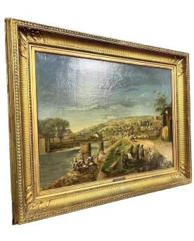 Le village de 58 brocanteurs - École Française fin XIX : important tableau huile sur toile