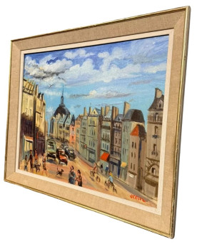 Le village de 58 brocanteurs - OLLIER : Huile sur toile marouflée sur panneau , Vue animée de Paris époque XXe