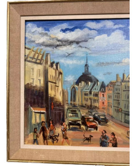 Le village de 58 brocanteurs - OLLIER : Huile sur toile marouflée sur panneau , Vue animée de Paris époque XXe