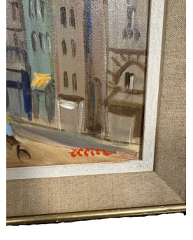 Le village de 58 brocanteurs - OLLIER : Huile sur toile marouflée sur panneau , Vue animée de Paris époque XXe