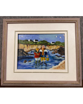 Le village de 58 brocanteurs - Tableau huile marouflée sur carton : paysage animé et coloré en Bretagne
