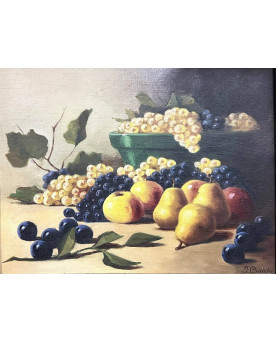Le village de 58 brocanteurs - Tableau huile sur toile nature morte aux fruits (B)