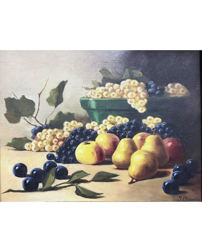 Le village de 58 brocanteurs - Tableau huile sur toile nature morte aux fruits (B)