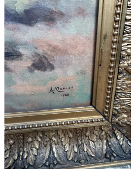Le village de 58 brocanteurs - A.monier 1906: Huile Sur Toile "paysage Lacustre" / H112 X 140 Cm