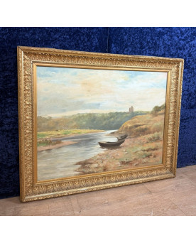 Le village de 58 brocanteurs - A.monier 1906: Huile Sur Toile "paysage Lacustre" / H112 X 140 Cm