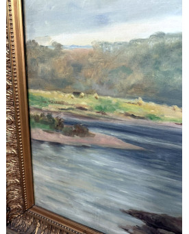 Le village de 58 brocanteurs - A.monier 1906: Huile Sur Toile "paysage Lacustre" / H112 X 140 Cm