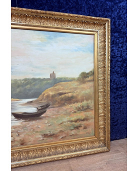 Le village de 58 brocanteurs - A.monier 1906: Huile Sur Toile "paysage Lacustre" / H112 X 140 Cm