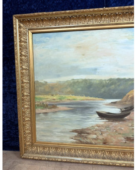 Le village de 58 brocanteurs - A.monier 1906: Huile Sur Toile "paysage Lacustre" / H112 X 140 Cm