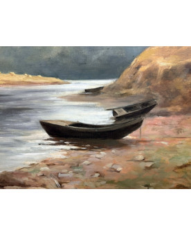 Le village de 58 brocanteurs - A.monier 1906: Huile Sur Toile "paysage Lacustre" / H112 X 140 Cm