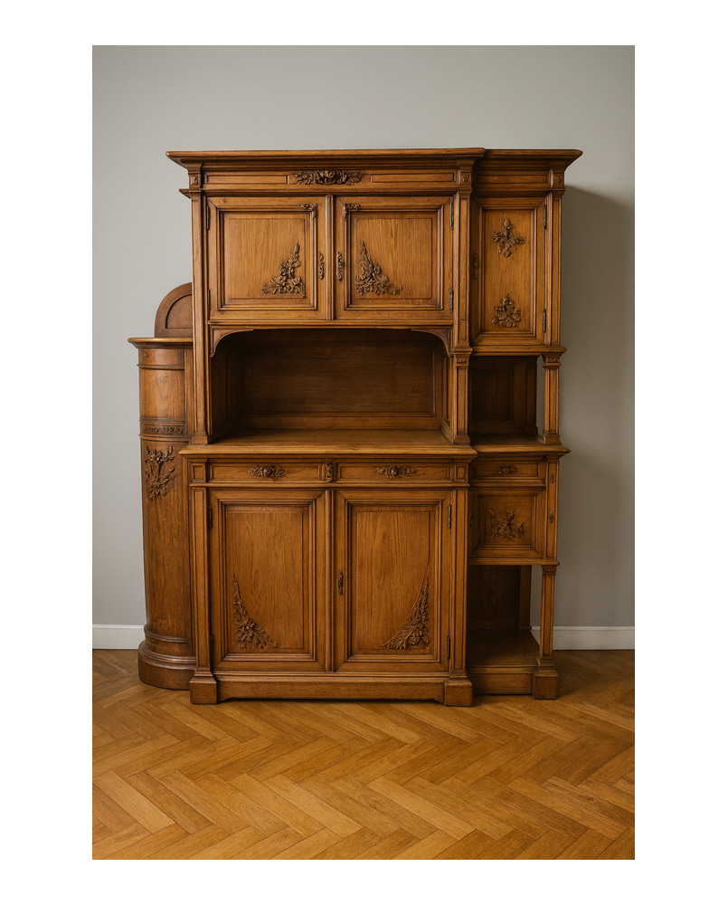 Le village de 58 brocanteurs - D'après Gauthier Poinsignon Buffet époque Art Nouveau Ecole de Nancy en noyer