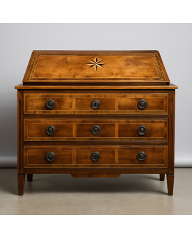 Le village de 58 brocanteurs - Commode scribanne époque louis XVI en ronce de noyer à décor marqueté