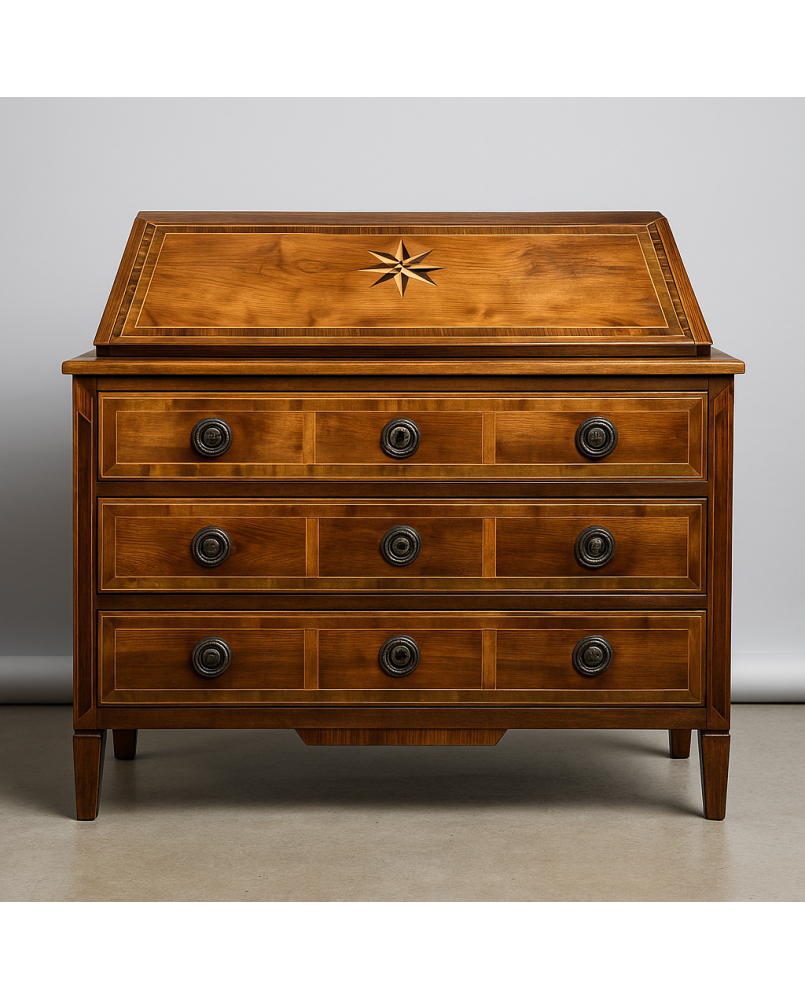 Le village de 58 brocanteurs - Commode scribanne époque louis XVI en ronce de noyer à décor marqueté