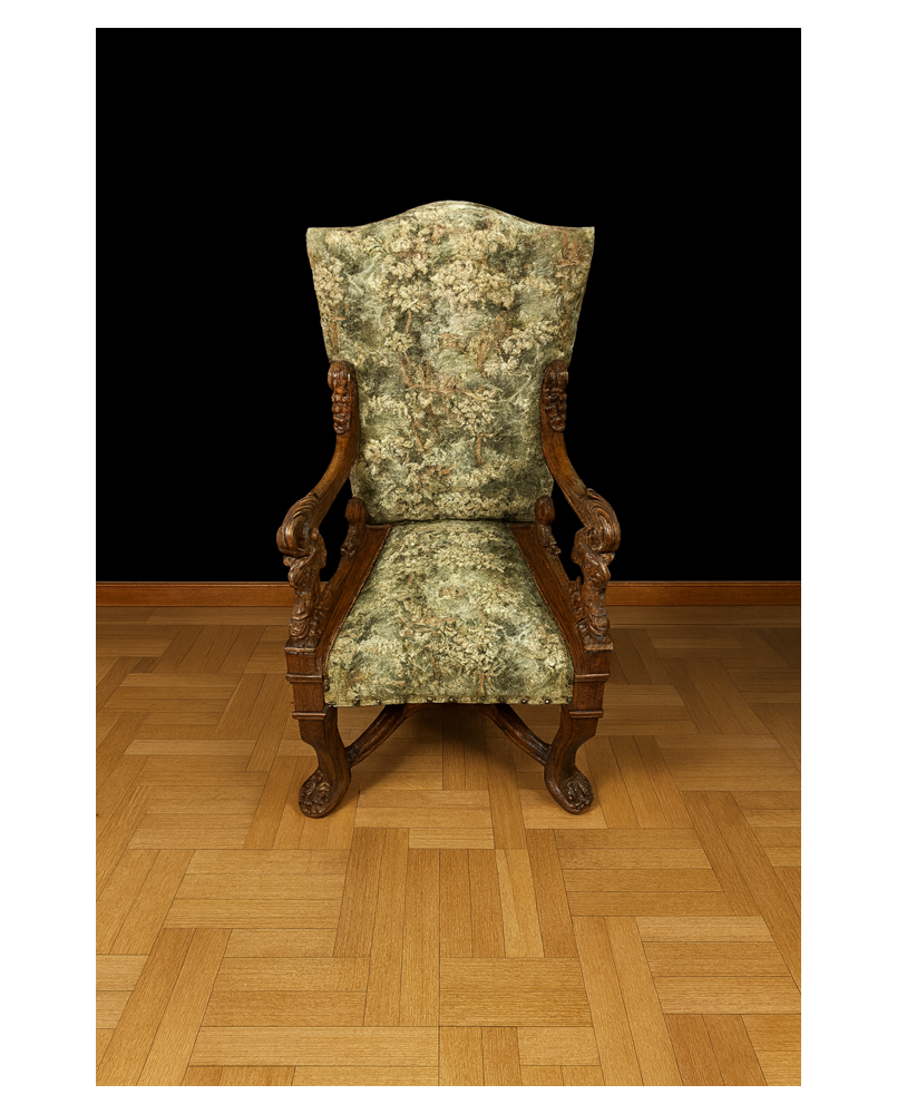 Le village de 58 brocanteurs - D'aprés Andréa Brustolon : Fauteuil Renaissance à haut dossier en noyer sculpté