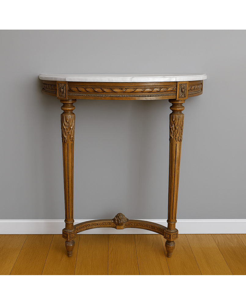 Le village de 58 brocanteurs -  Console demie lune de style Louis XVI en bois sculpté