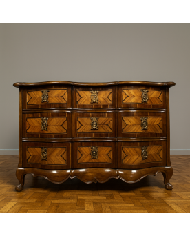 Le village de 58 brocanteurs - Commode Arbalète époque Louis XV en marqueterie de bois nobles époque XVIIIeme