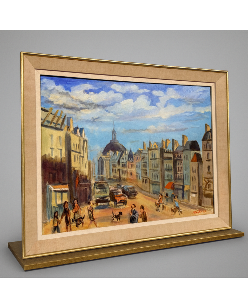 Le village de 58 brocanteurs - OLLIER : Huile sur toile marouflée sur panneau , Vue animée de Paris époque XXe